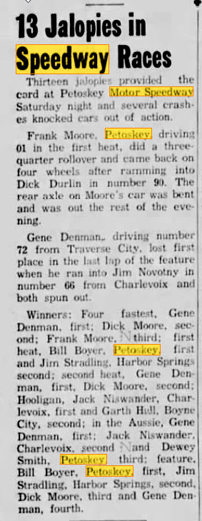 Petoskey Motor Speedway - Aug 12 1957 Article